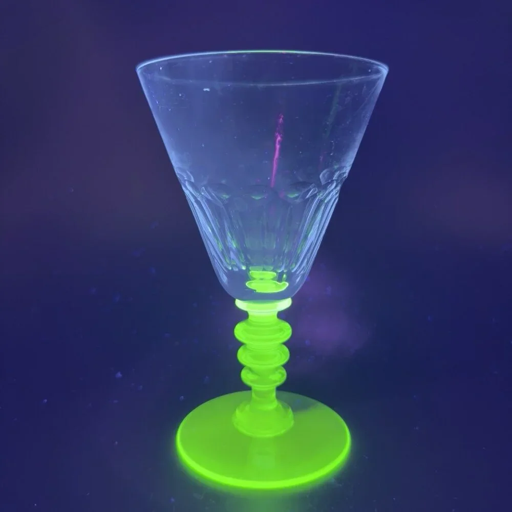 Seneca Theodule Clear Top Green Uranium Stem Optic Cut Top Goblet Cup Single VTG